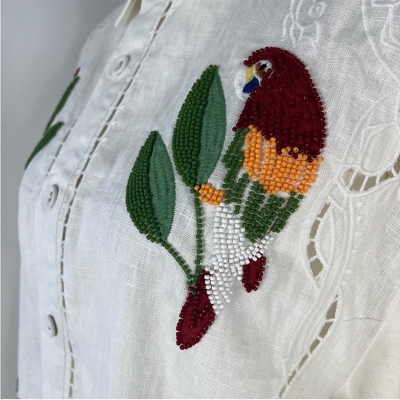 Farm Rio Tropical Destination Embroidered Beaded Linen Shirt - Picture 10 of 14